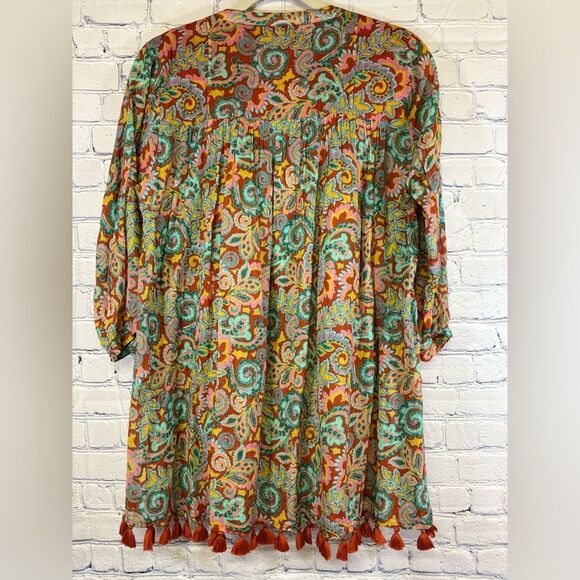 Roller Rabbit Orange Teal Rodez Serafina Boho Tassel Trim Relaxed Fit Tunic L - Picture 8 of 14